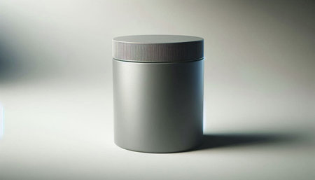 Mockup of a black cosmetic jar on a gray background.の写真素材