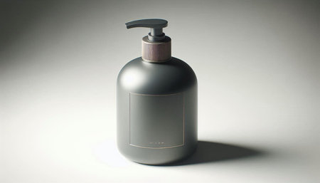Mockup of a cosmetic bottle with a dispenser on a gray backgroundの写真素材