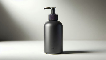 Black plastic bottle with liquid soap on a white background with shadow.の写真素材