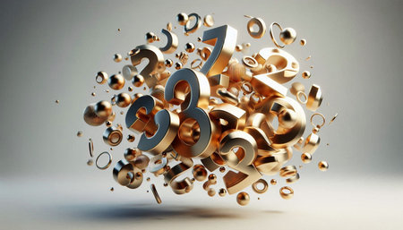 3D illustration of a number 0 and 9 surrounded by falling numbersの写真素材