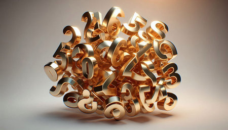 3d rendering of golden numbers on white background. Computer digital drawing.