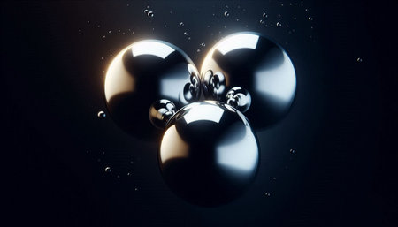 3d illustration of black and gold spheres floating in the water.の写真素材