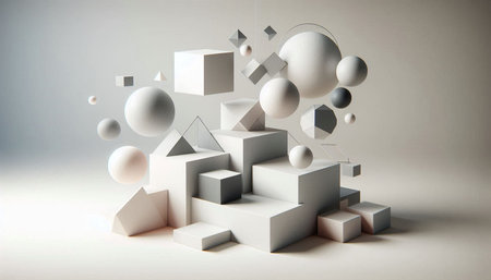 Abstract 3d rendering of geometric shapes in white studio background. Minimalistic composition.