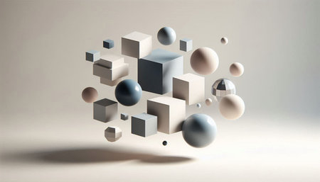 Abstract 3d rendering of minimal geometric composition with cubes and spheres.