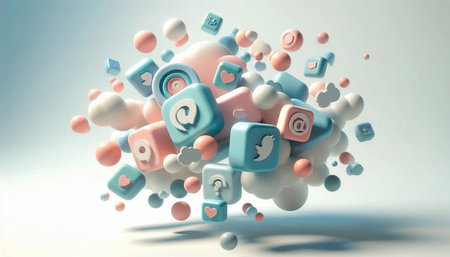 3d rendering of social media icons flying in the air on white background
