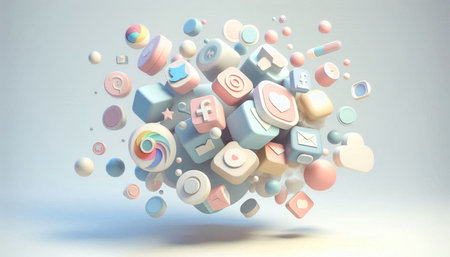 3d rendering of abstract geometric shapes in pastel colors on white backgroundの写真素材