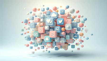 Colorful 3d rendering of social media icons in white background.の写真素材
