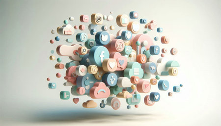 Colorful social media icons flying in the air. 3D rendering