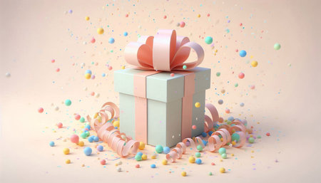 Gift box with ribbons and confetti. 3D rendering