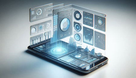 Smartphone with financial charts and graphs on screen. 3d rendering