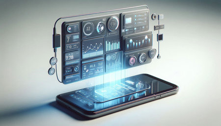 Futuristic mobile phone with HUD interface on gray background 3D rendering