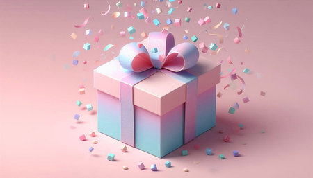Gift box with bow and confetti on pink background. 3d rendering