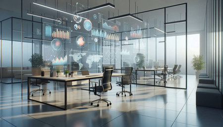 Modern office interior with city view and business icons. 3D Rendering