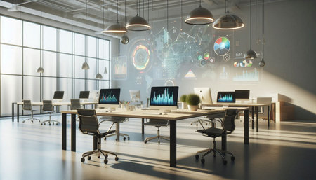 Modern coworking office interior with social network hologram. 3D Rendering