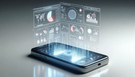 Futuristic touch screen mobile phone with charts and graphs on the screen