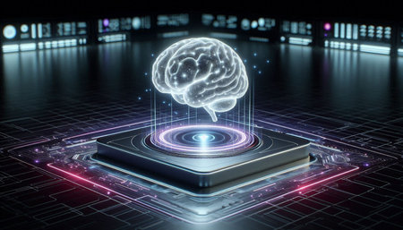 Artificial intelligence concept with human brain hologram over blue background 3D rendering