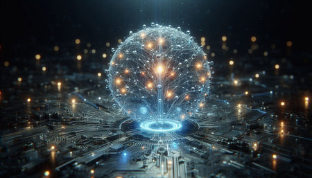 Futuristic interface with circuit board and human brain 3D rendering
