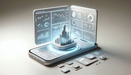 3d rendering of a smartphone with financial charts and graphs on the screen