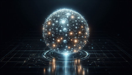 Glowing sphere with binary code on dark background. 3D renderingの写真素材