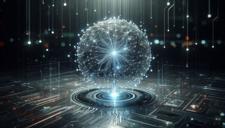3D rendering of abstract digital sphere with circuit and connections on it