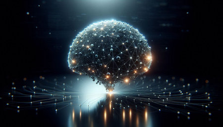 3D rendering of digital human brain with glowing dots and lines on dark background