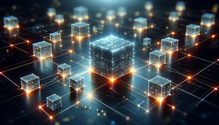 Futuristic technology interface with glowing cubes. 3D Rendering