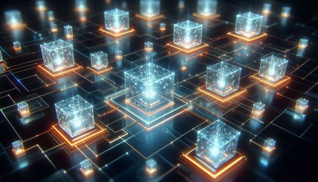 3D rendering of abstract digital technology concept with glowing cubes on dark background