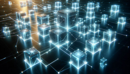 3D rendering of abstract digital background with glowing cubes. Network concept