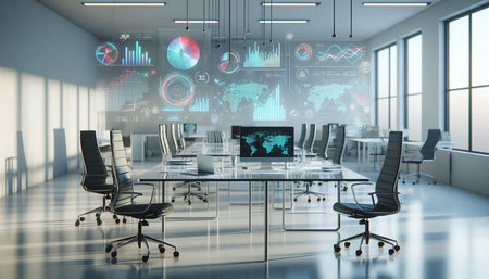 Modern conference room interior with graphs and charts on the wall 3D rendering