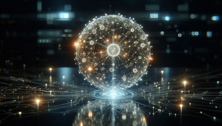 3D rendering of abstract digital sphere with network connections on dark backgroundの写真素材