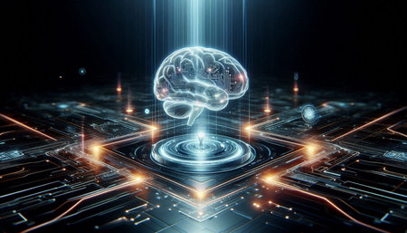 Artificial intelligence concept with human brain on black background 3D rendering