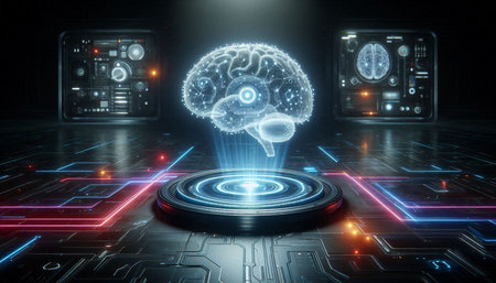 Futuristic interface with human brain hologram on black background 3D rendering