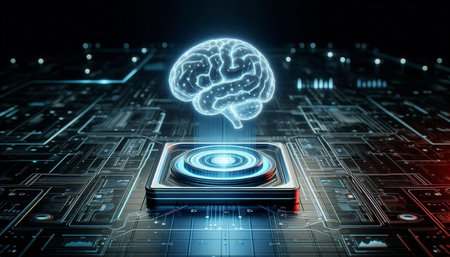 3D rendering of a human brain on a computer circuit board.
