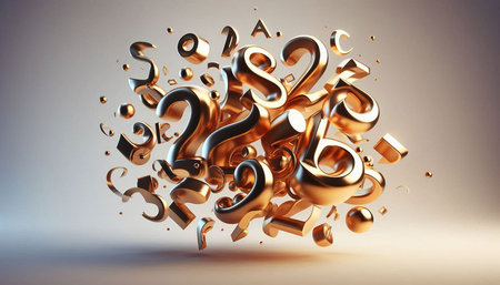 3D Render of Golden Numbers 0 to 9 on a Grey Background