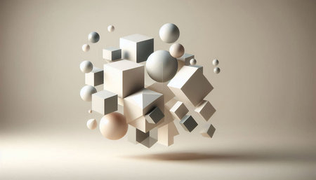 3d illustration of abstract geometric composition, cubes and spheres in empty space