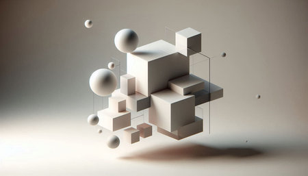 Abstract 3D rendering of geometric shapes, minimalistic composition with cubes and spheres