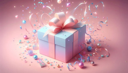 Gift box with ribbon and confetti on pink background. 3d illustrationの写真素材