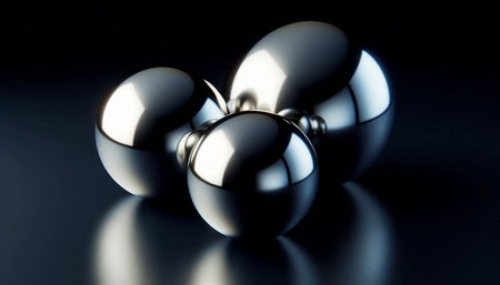 3d illustration of metallic balls over black background with light effects.