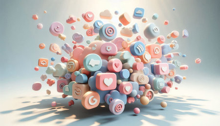 3d rendering of colorful social media icons flying in the air.の写真素材