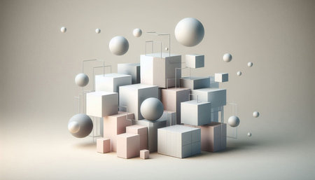 Abstract 3d rendering of geometric shapes. Cubes and spheres in empty space