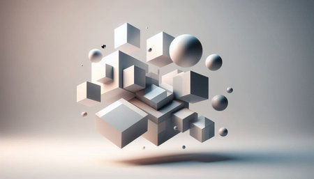 Abstract 3d rendering of geometric shape. Cubes and spheres.