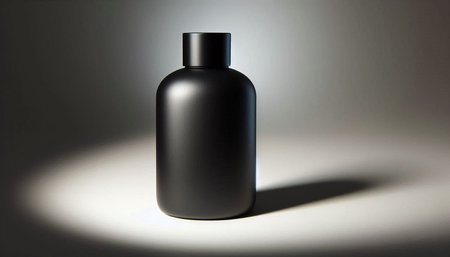 Mockup of a black cosmetic bottle on a gray background.の写真素材