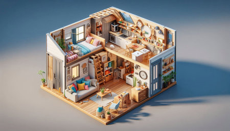 3D illustration of a small house in isometric projection with furnitureの写真素材