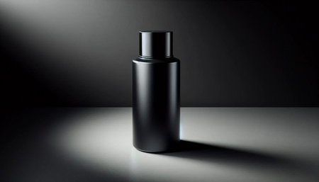 Mockup of a black cosmetic bottle on a dark background. 3d renderingの写真素材