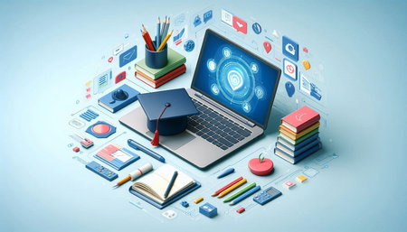 Online education concept with laptop, books and mortarboard on blue background