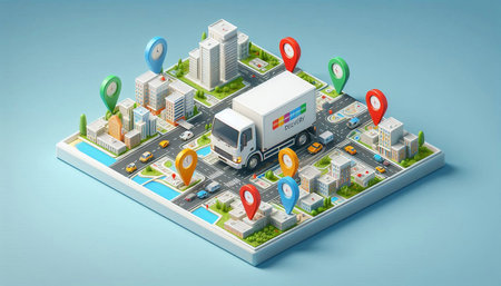 Delivery truck on the city map. 3d isometric vector illustration.