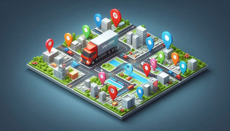 Isometric city with road, buildings and cars on blue background 3d rendering