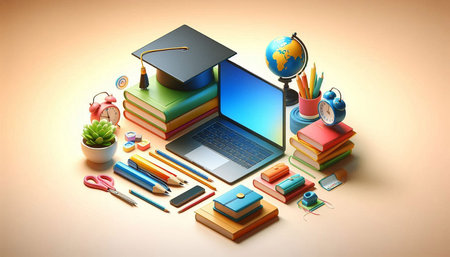 Online education concept with laptop, books, stationery and mortarboard
