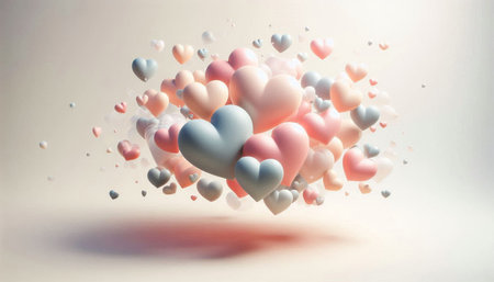 Colorful hearts floating in the air on a white background. 3d rendering