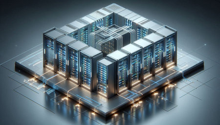 Server room data center isometric view. 3d rendering toned image